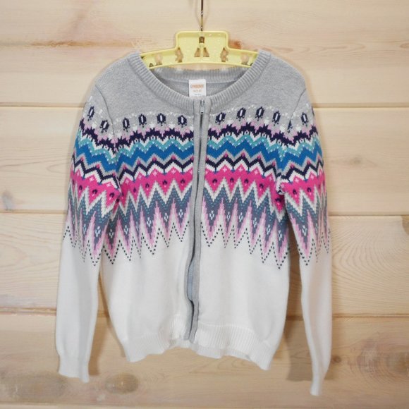 Gymboree Girls sz M 7-8 Gray White Cardigan Sweater Full Zip Nordic 100% Cotton - Picture 1 of 7